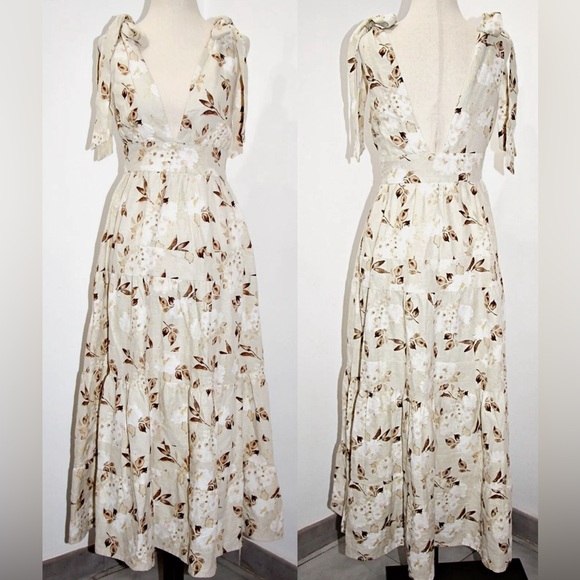 House of Harlow 1960 beige maxi dress white & brown floral pattern tie-up straps - Picture 1 of 7